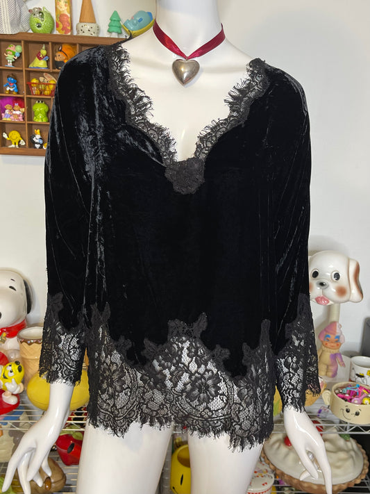 Black Crushed Velvet & Lace Silk Top Sz S/L