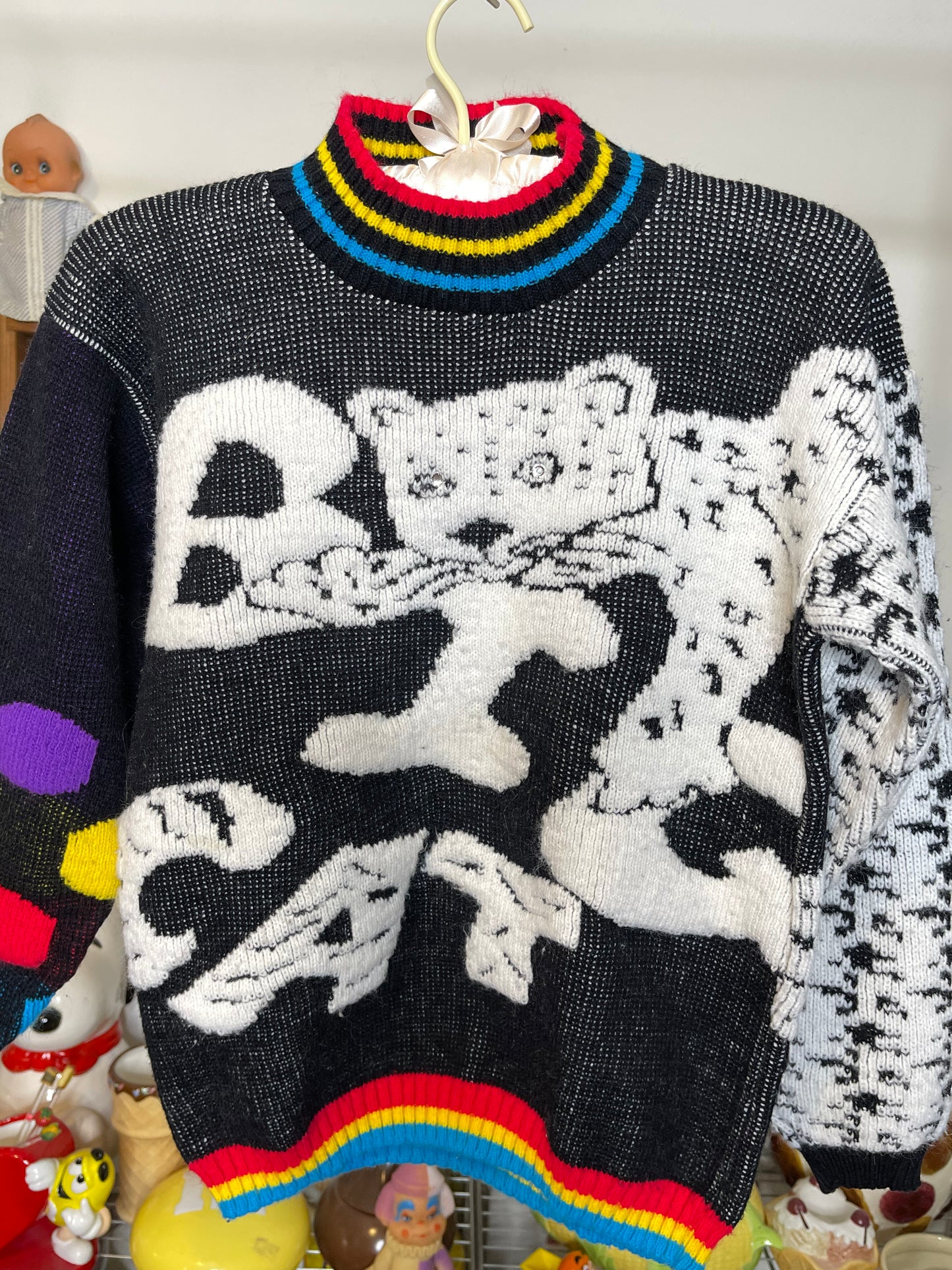 Vintage Colorful Big Cat Leopard Knit Kids Sweater Sz XL