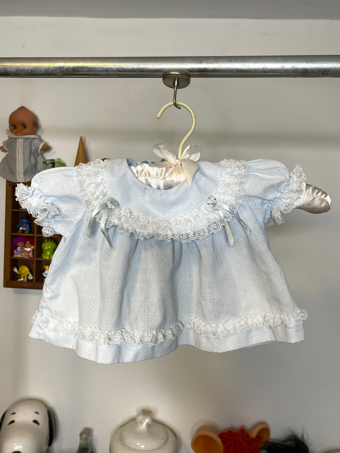 Vintage Baby Blue Polka Dot Lace Rose Bud Baby Dress Sz 6-9M