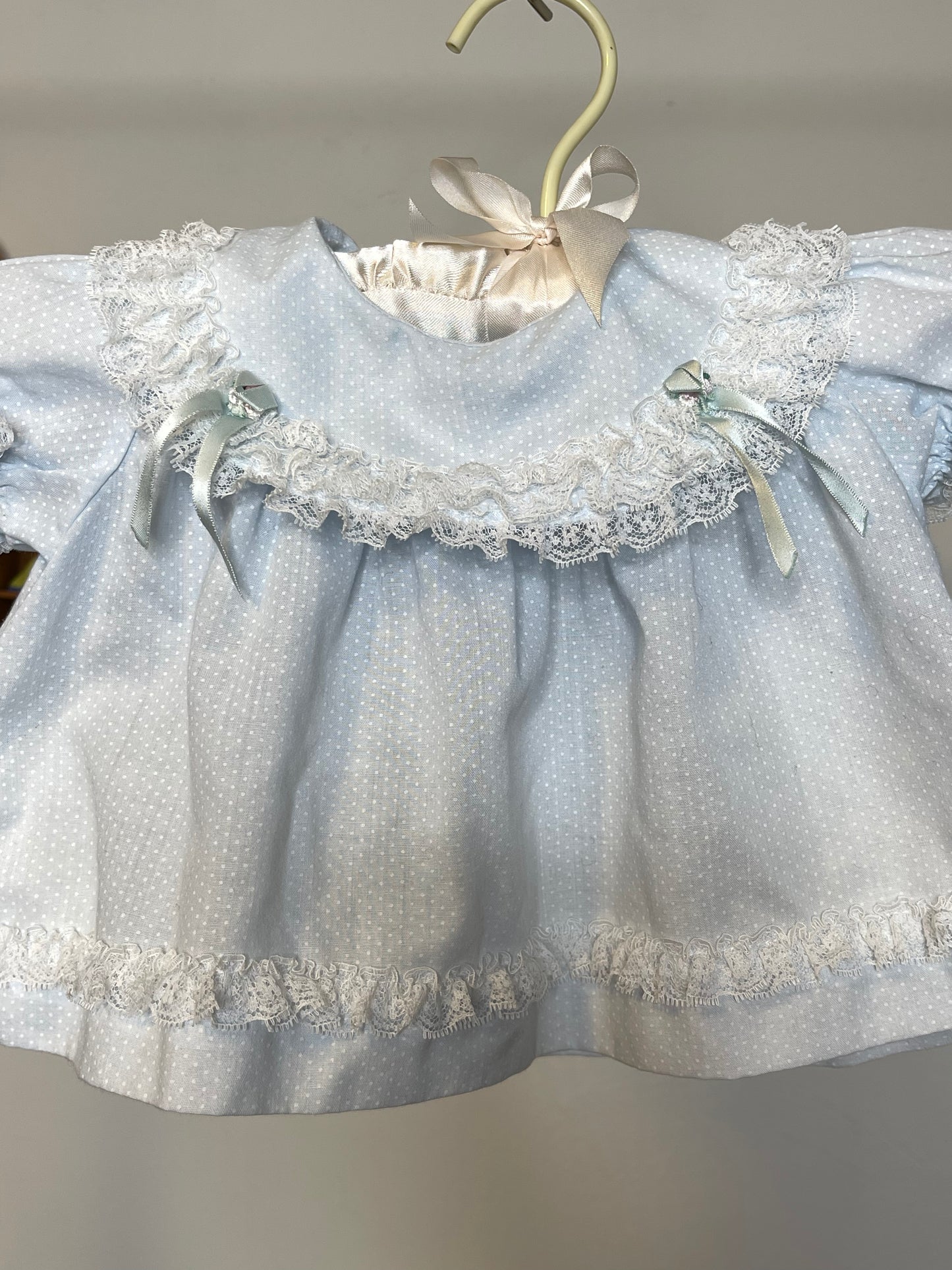Vintage Baby Blue Polka Dot Lace Rose Bud Baby Dress Sz 6-9M