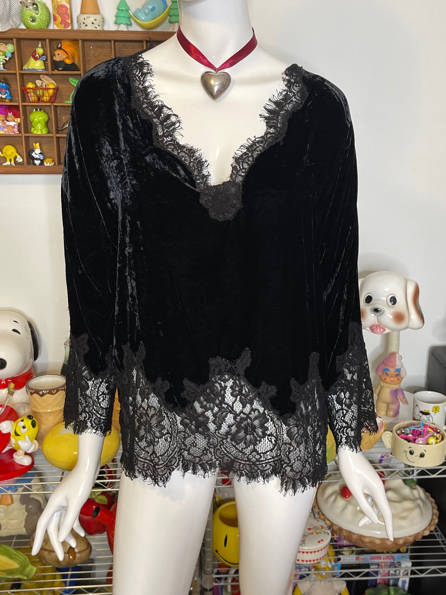 Black Crushed Velvet & Lace Silk Top Sz S/L
