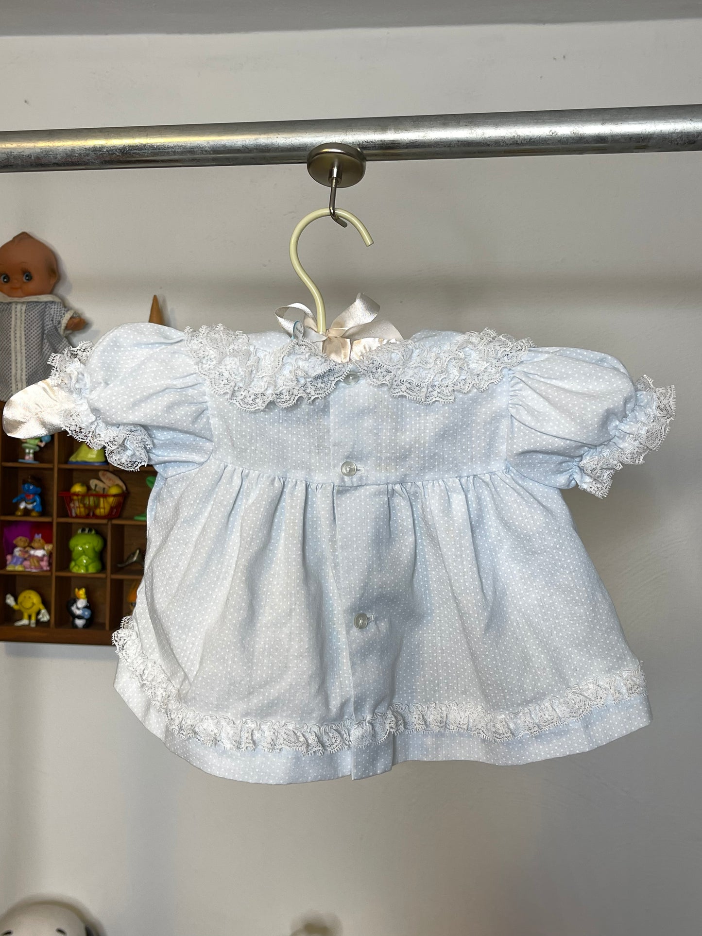 Vintage Baby Blue Polka Dot Lace Rose Bud Baby Dress Sz 6-9M