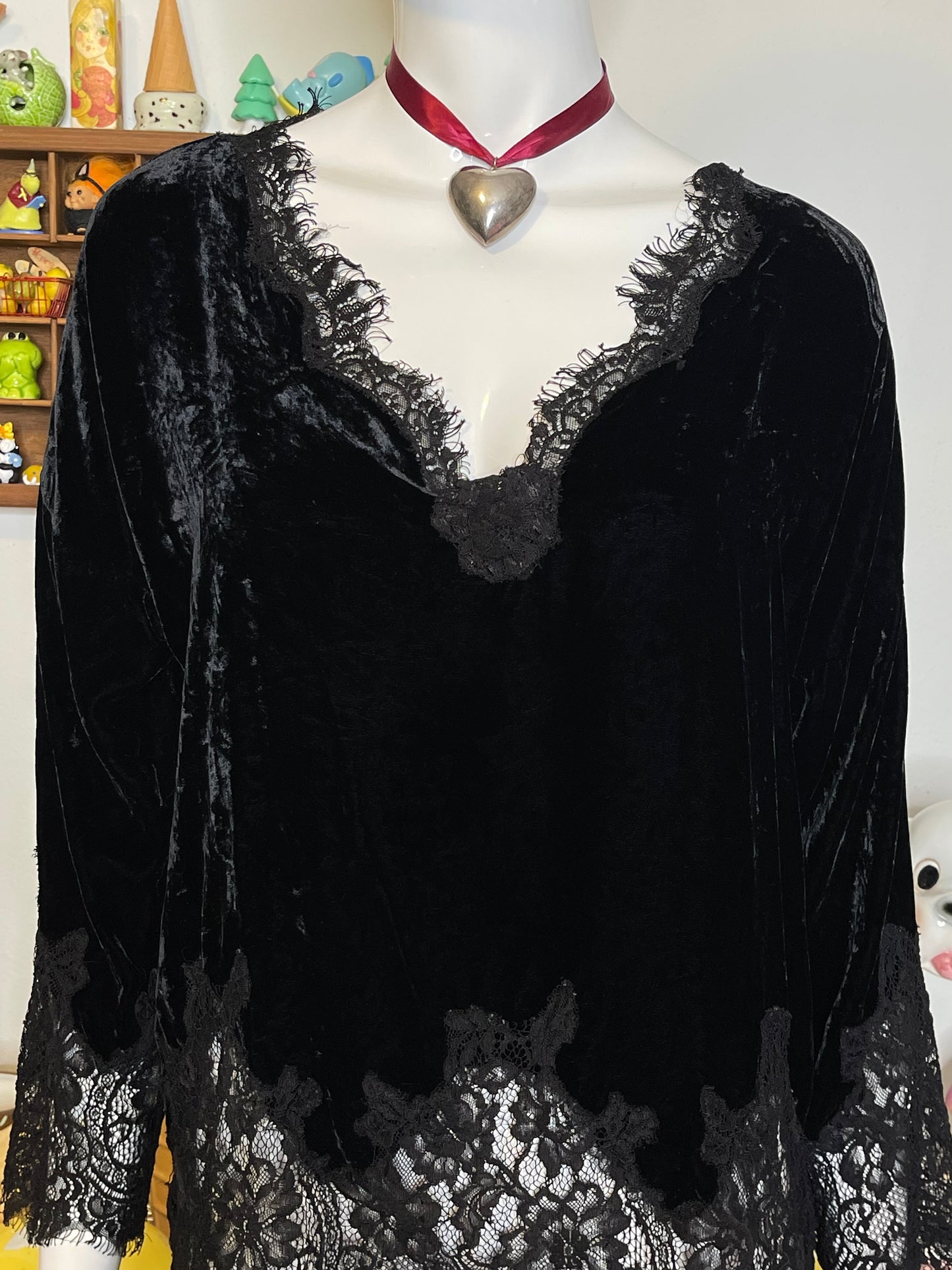 Black Crushed Velvet & Lace Silk Top Sz S/L