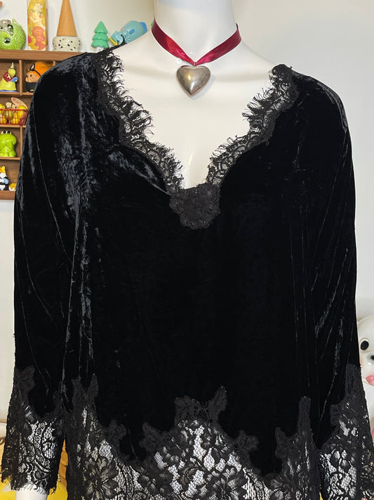 Black Crushed Velvet & Lace Silk Top Sz S/L