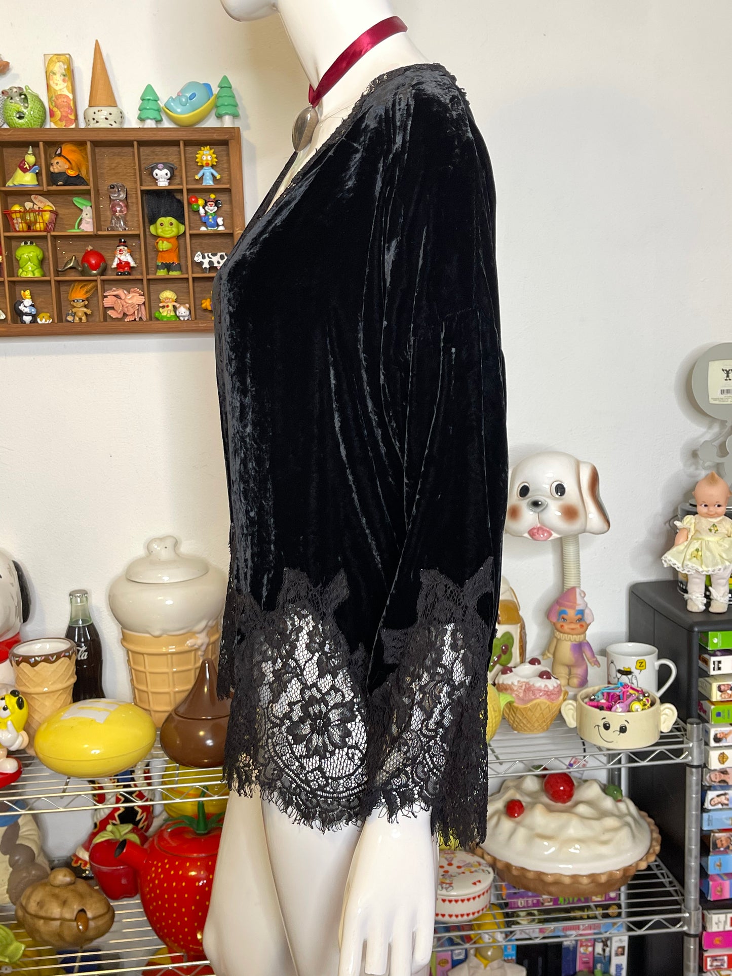 Black Crushed Velvet & Lace Silk Top Sz S/L
