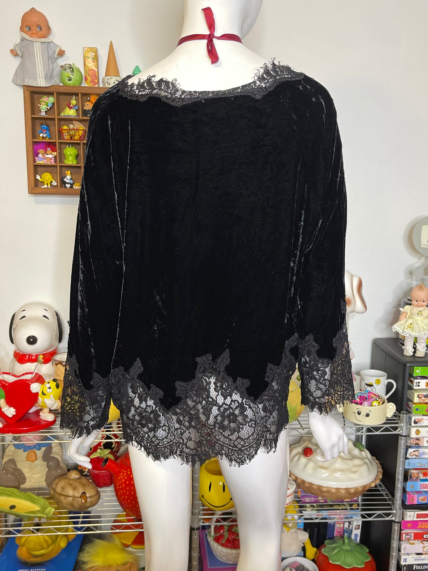 Black Crushed Velvet & Lace Silk Top Sz S/L