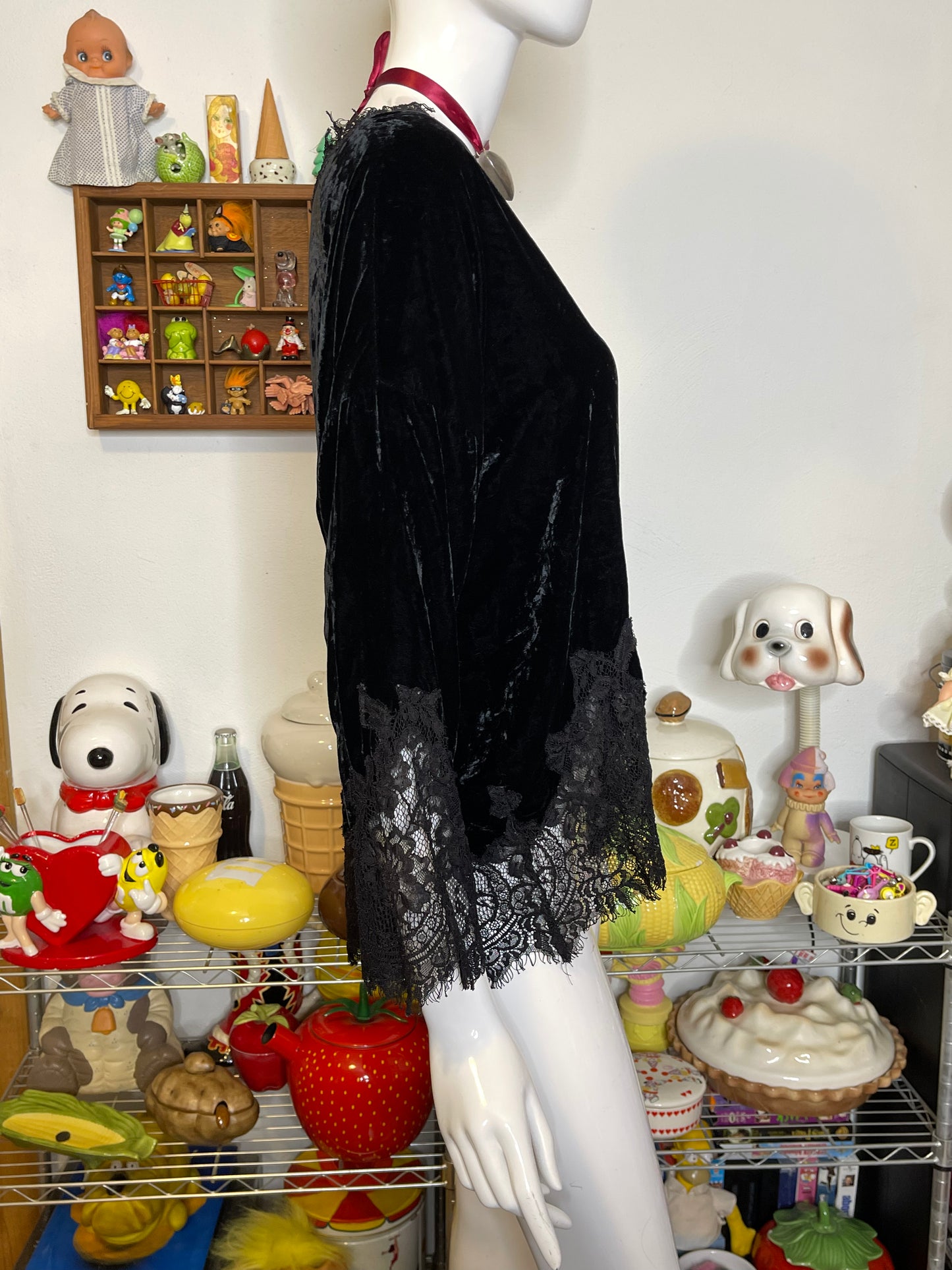 Black Crushed Velvet & Lace Silk Top Sz S/L