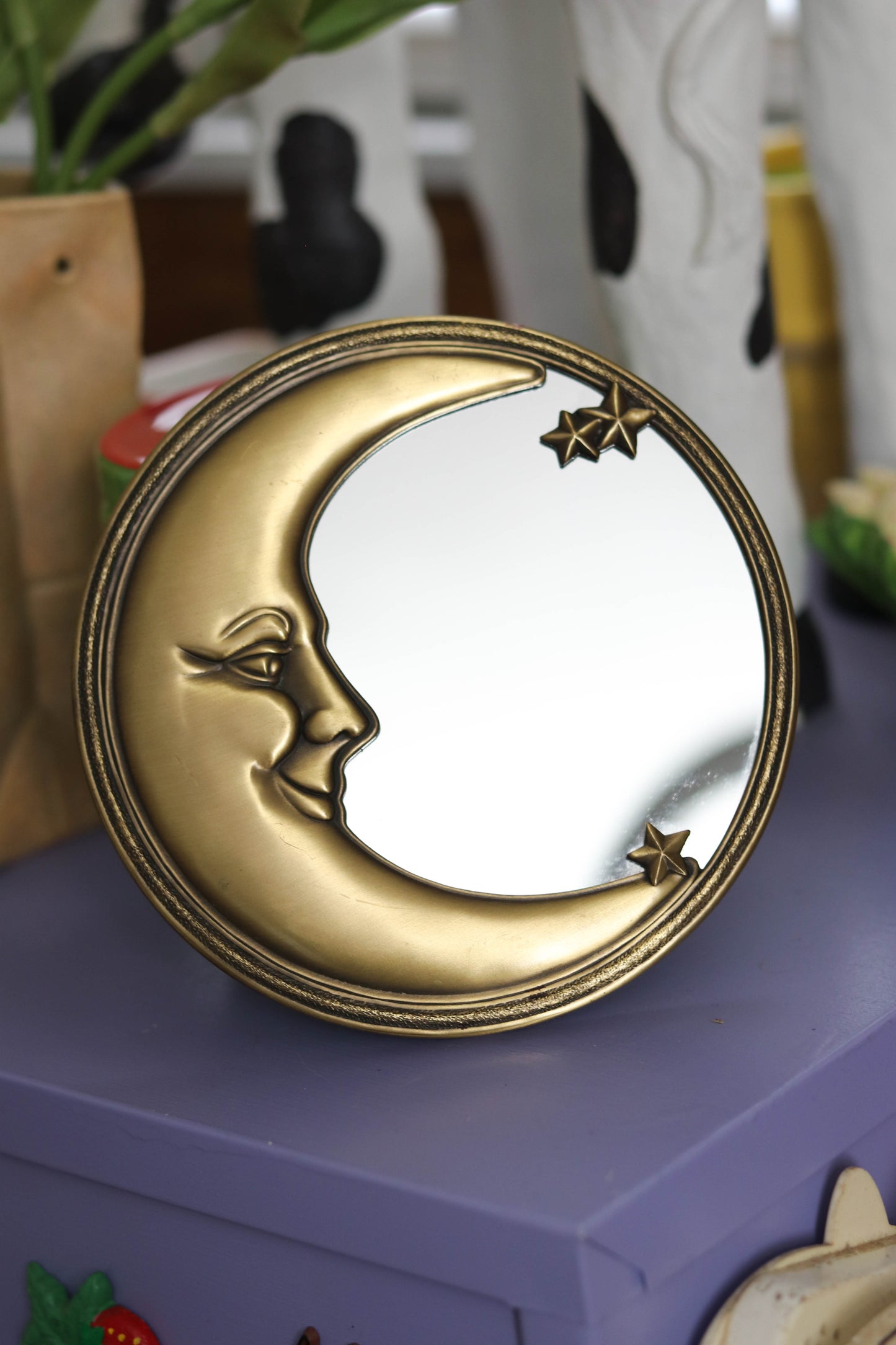 Vintage Round Brass Crescent Moon Small Wall Mirror