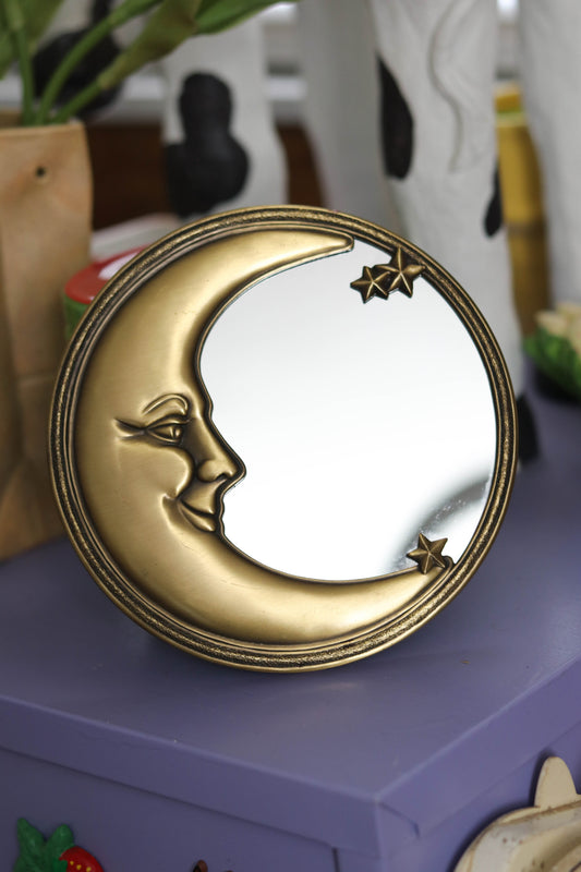 Vintage Round Brass Crescent Moon Small Wall Mirror