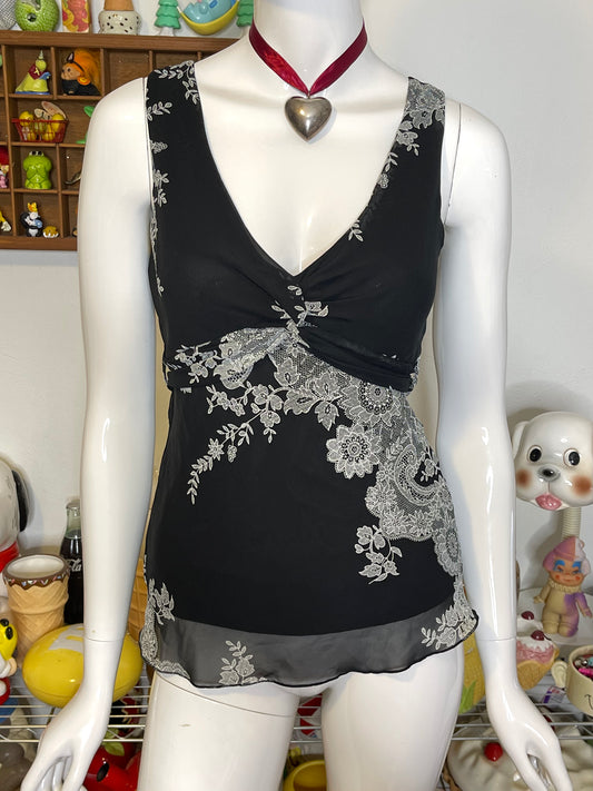 2000s Charlotte Russe Black Sheer Layered Floral Top Sz S