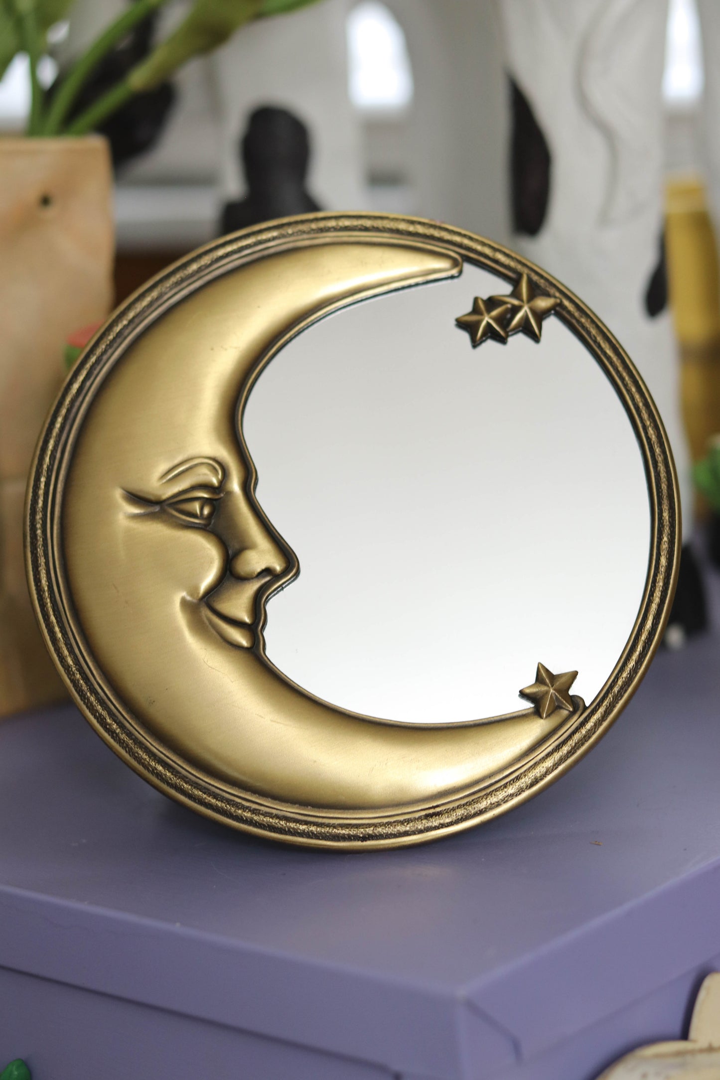 Vintage Round Brass Crescent Moon Small Wall Mirror