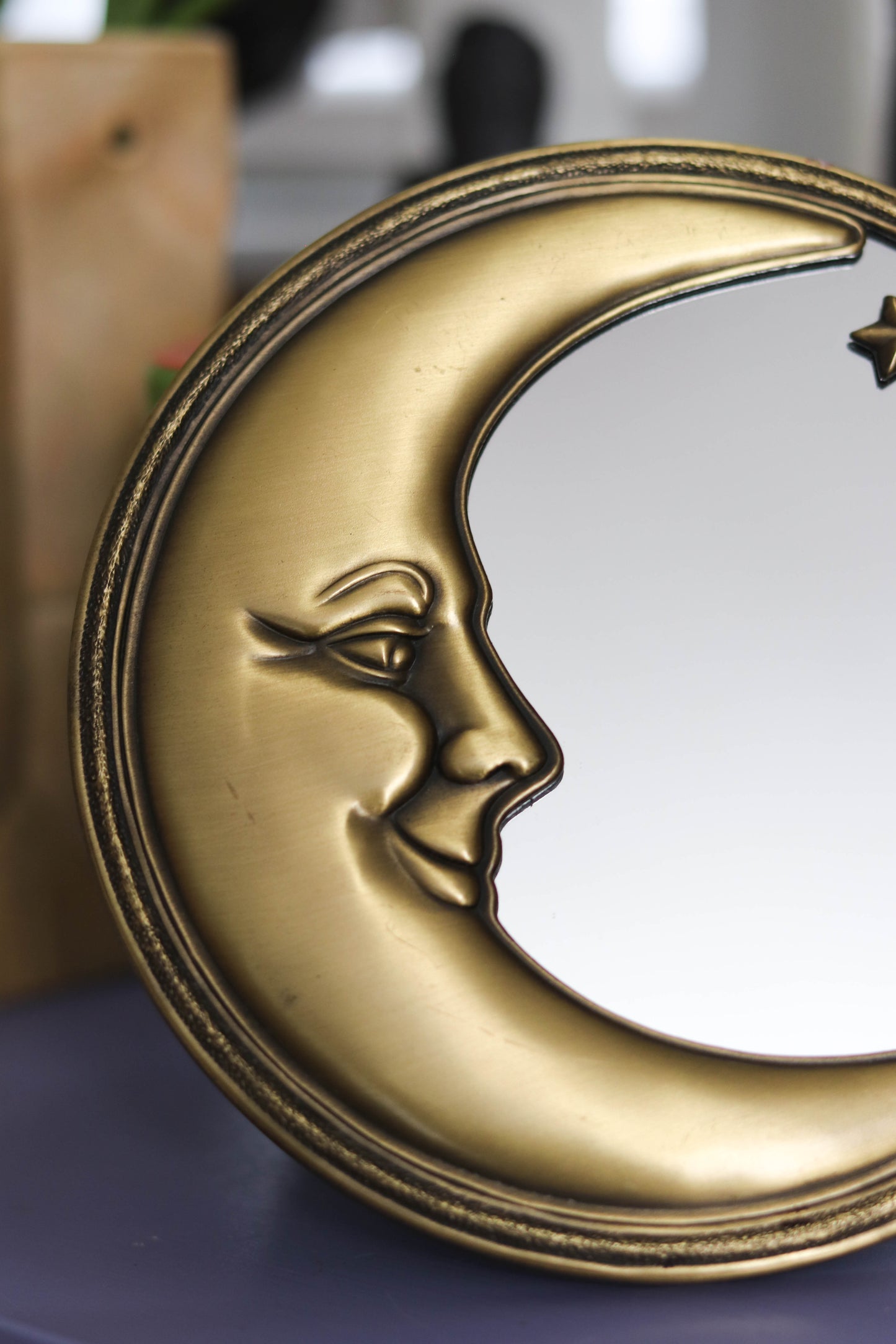 Vintage Round Brass Crescent Moon Small Wall Mirror