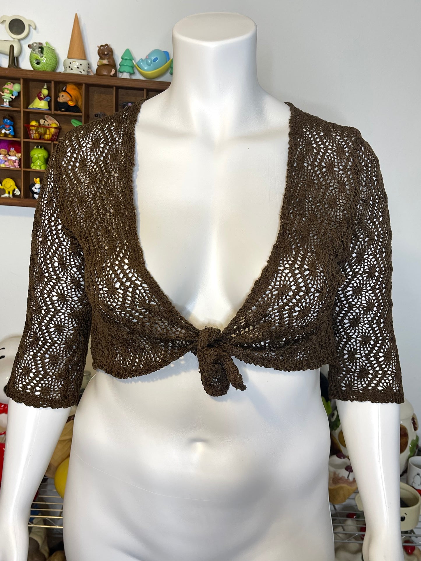 Brown Crochet Tie-Front Cropped 3/4 Sleeve Cardigan Sz L
