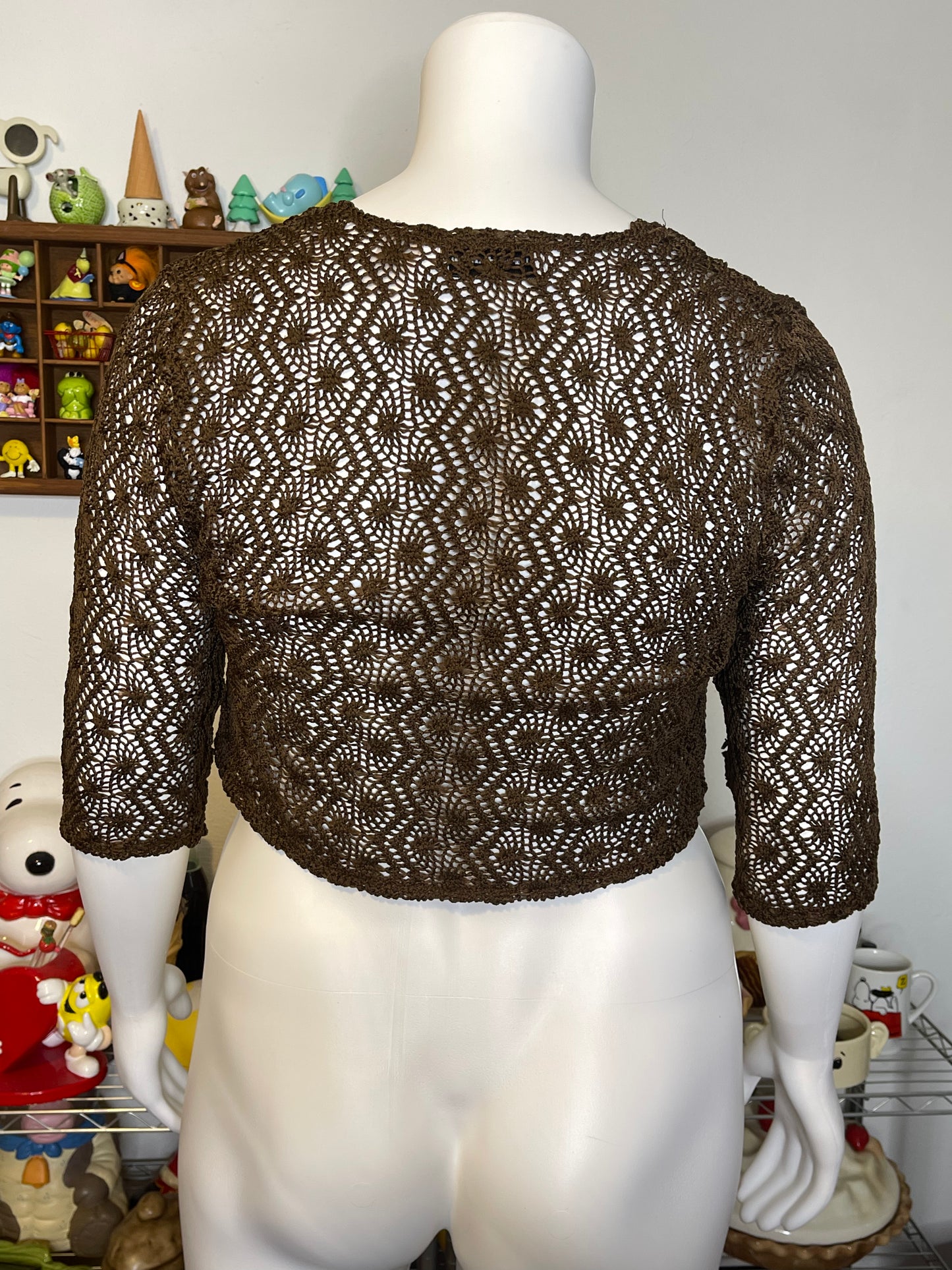 Brown Crochet Tie-Front Cropped 3/4 Sleeve Cardigan Sz L