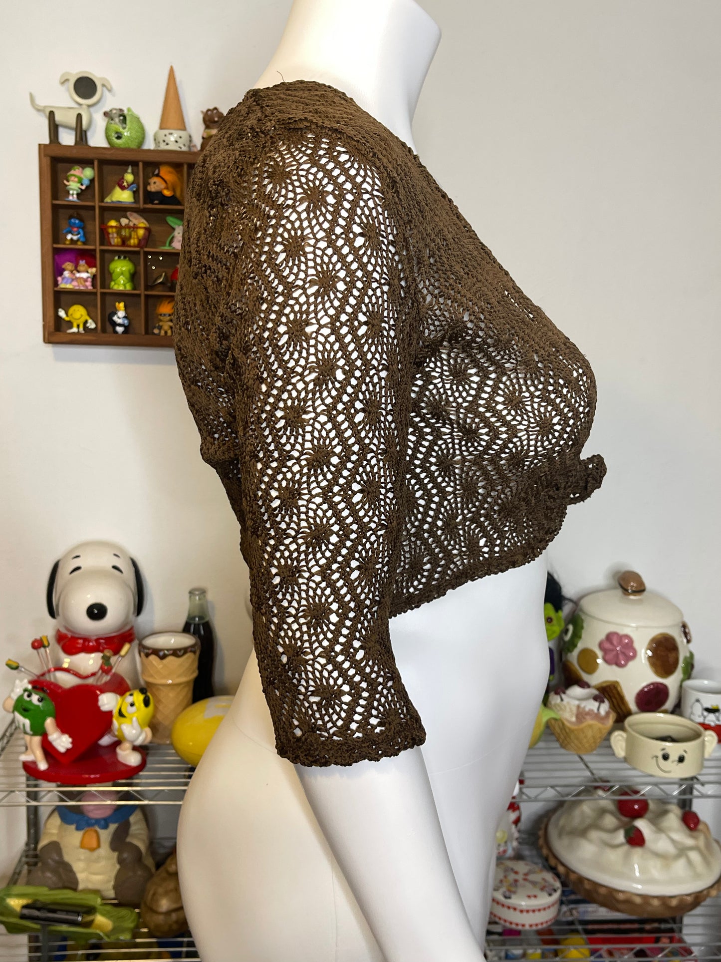 Brown Crochet Tie-Front Cropped 3/4 Sleeve Cardigan Sz L