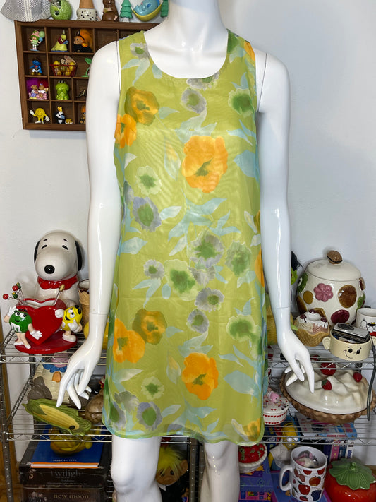 Vintage 90s Green Poppy Floral Sheer Layered Dress Sz S/M