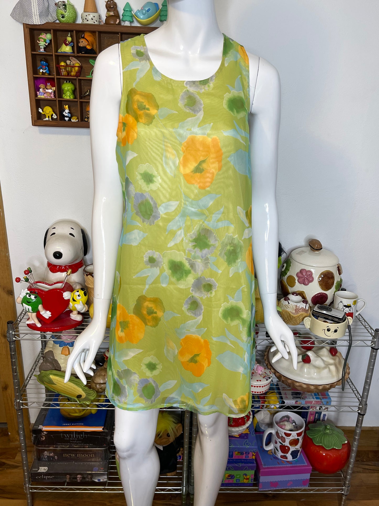 Vintage 90s Green Poppy Floral Sheer Layered Dress Sz S/M