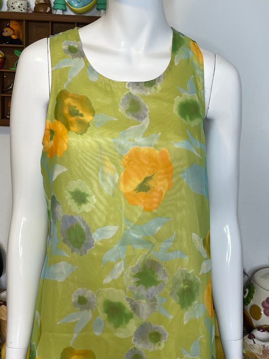 Vintage 90s Green Poppy Floral Sheer Layered Dress Sz S/M
