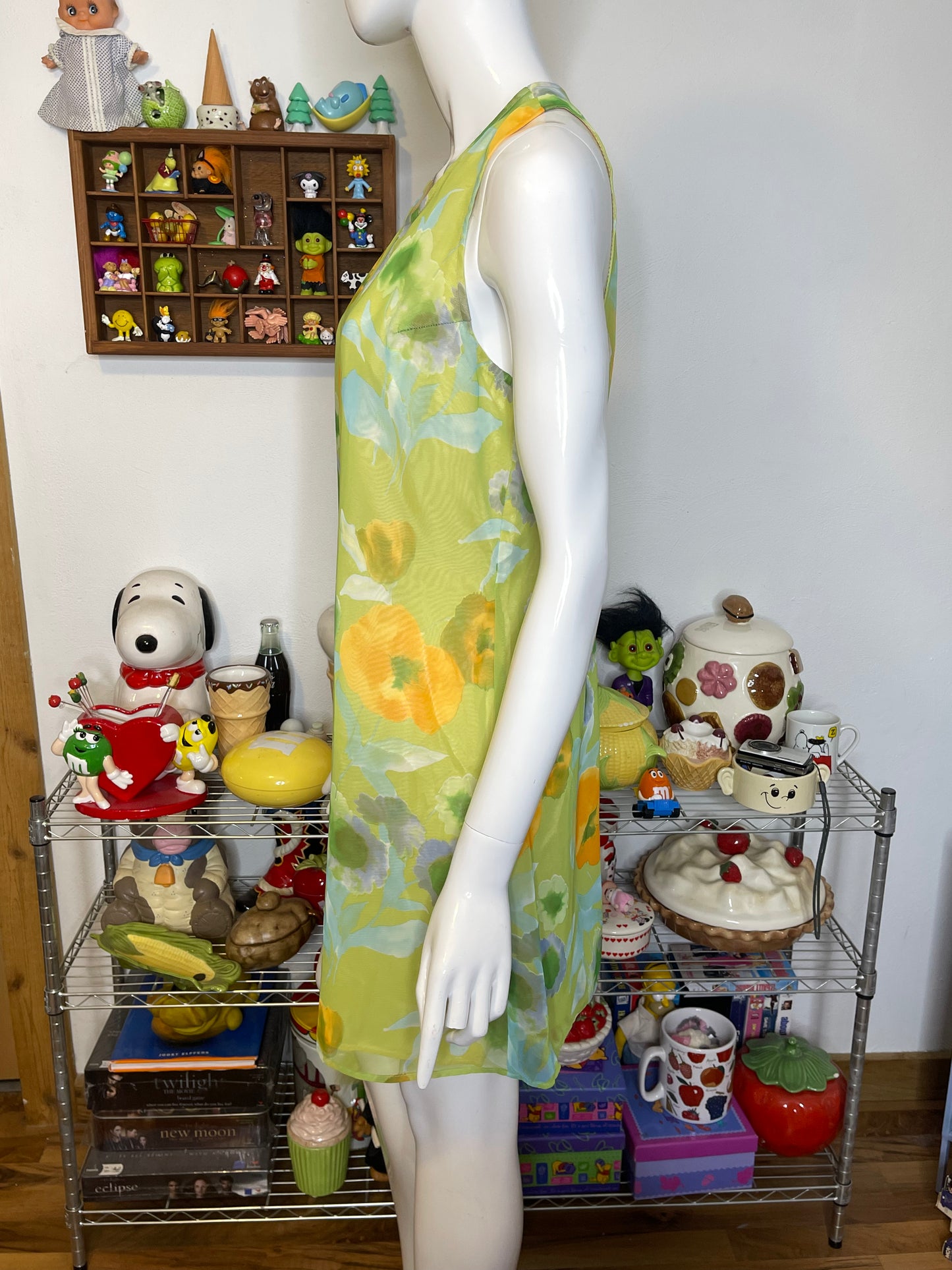 Vintage 90s Green Poppy Floral Sheer Layered Dress Sz S/M