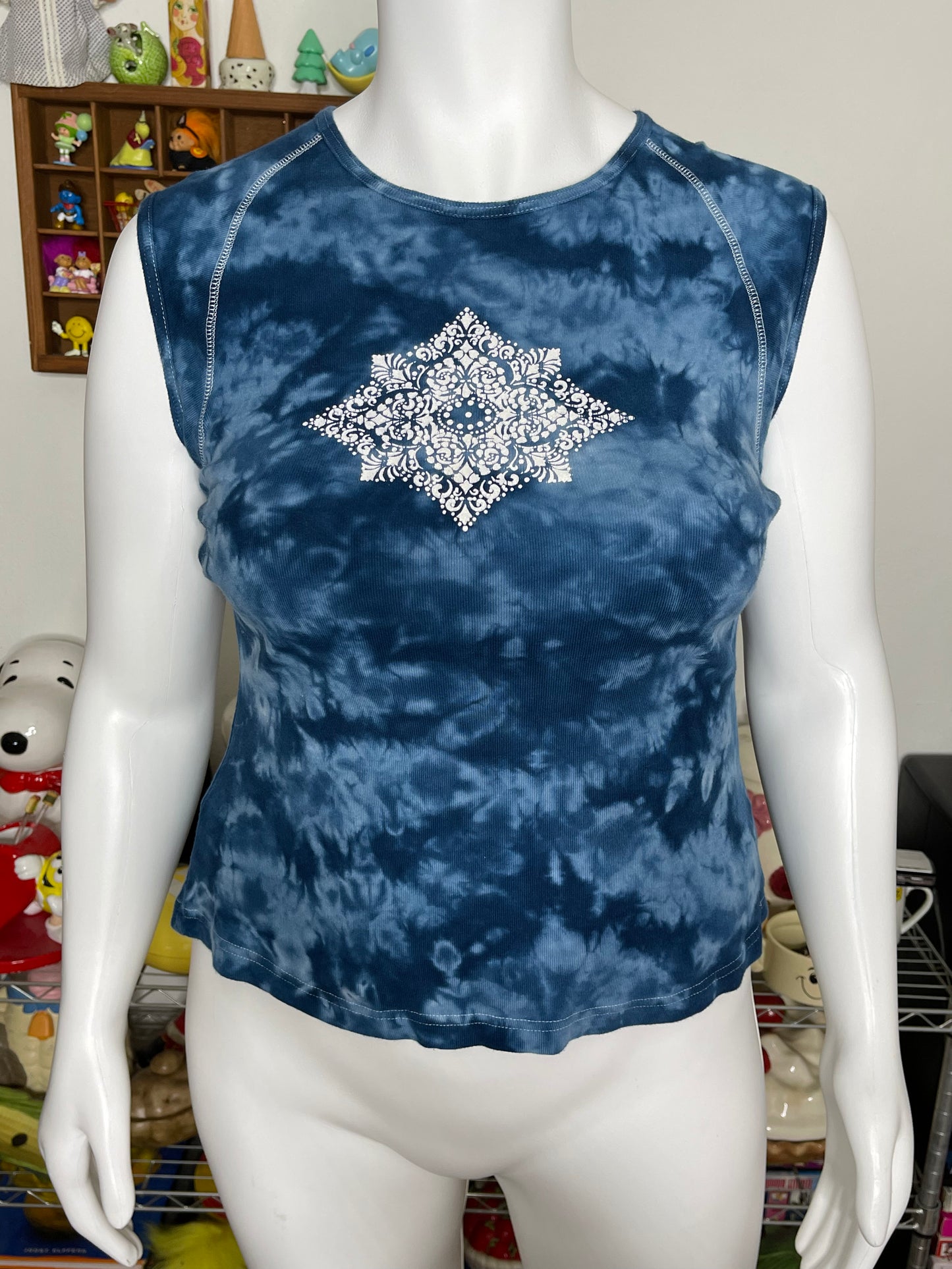 2000s Mandela Style Blue Tie-dye Tank Top Sz L/XXL