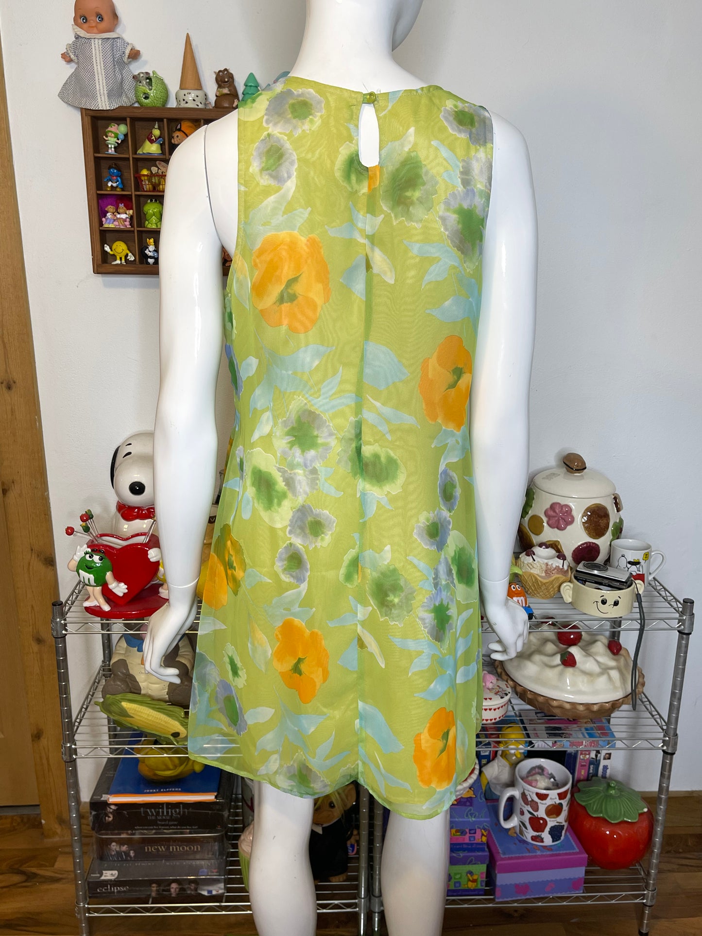 Vintage 90s Green Poppy Floral Sheer Layered Dress Sz S/M