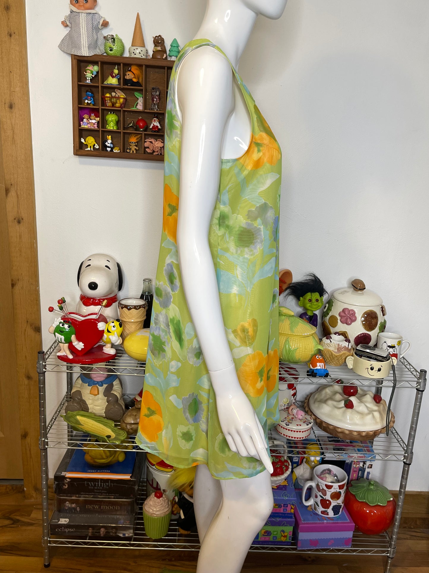 Vintage 90s Green Poppy Floral Sheer Layered Dress Sz S/M