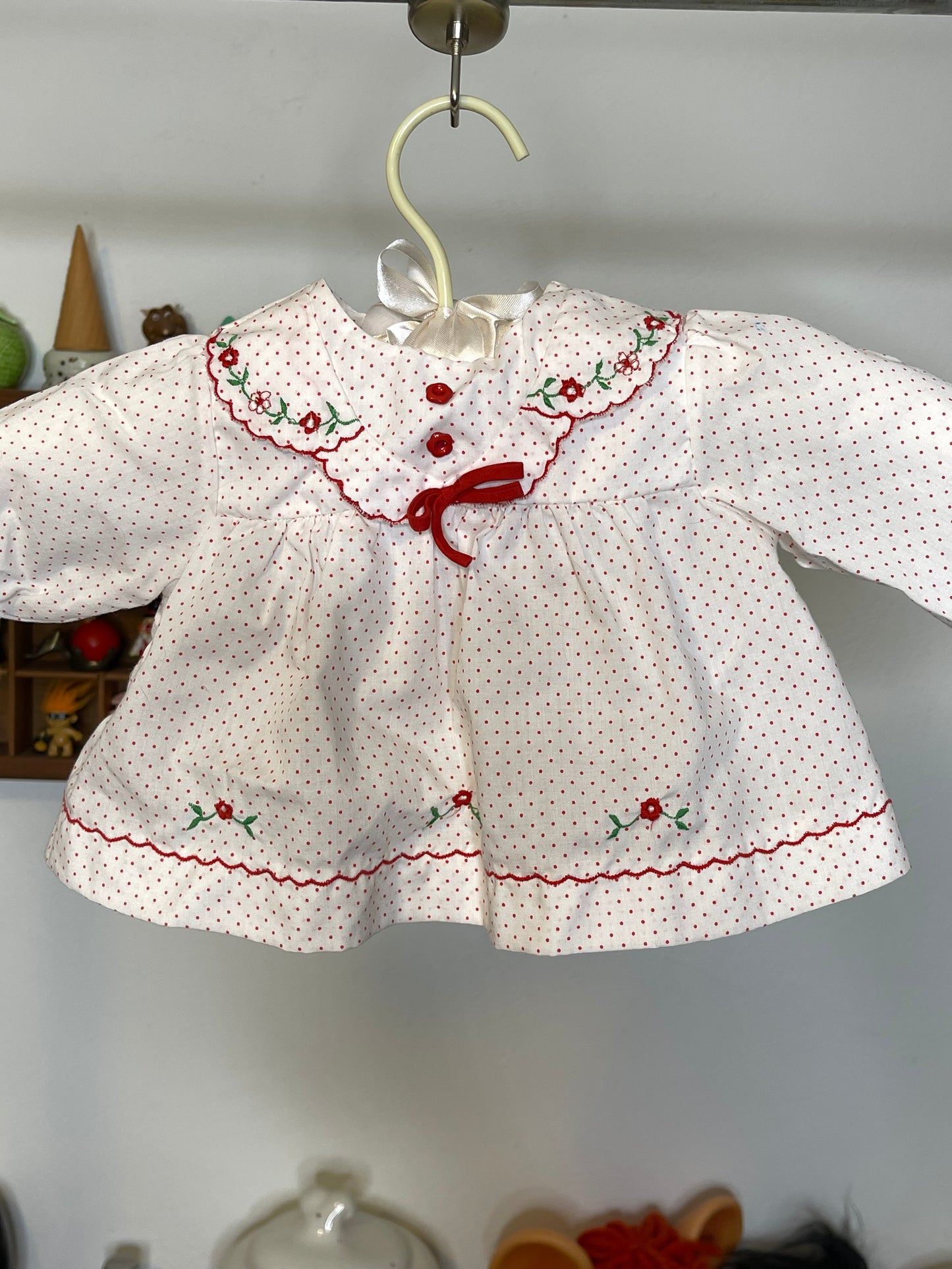 Vintage White & Red Polka Dot Flower Baby Dress / Top Sz 0-3M