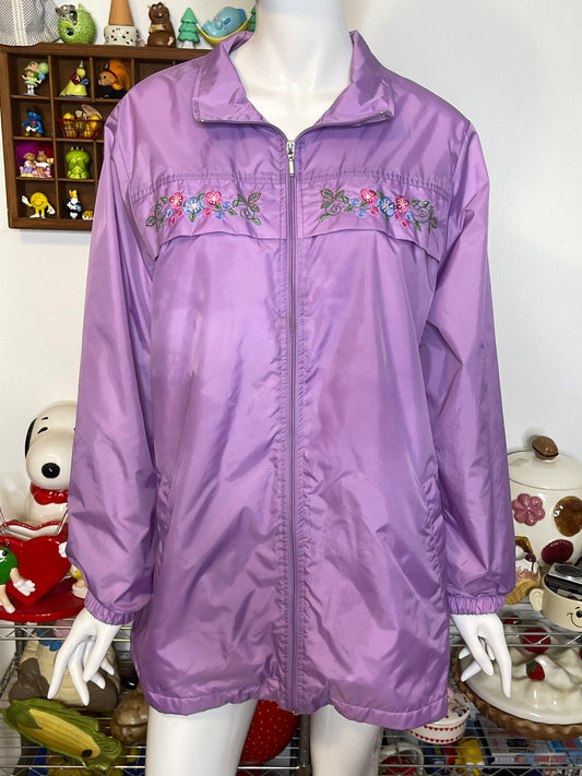 2000s Lilac Purple Flower Embroidered Oversized Windbreaker Jacket Sz L