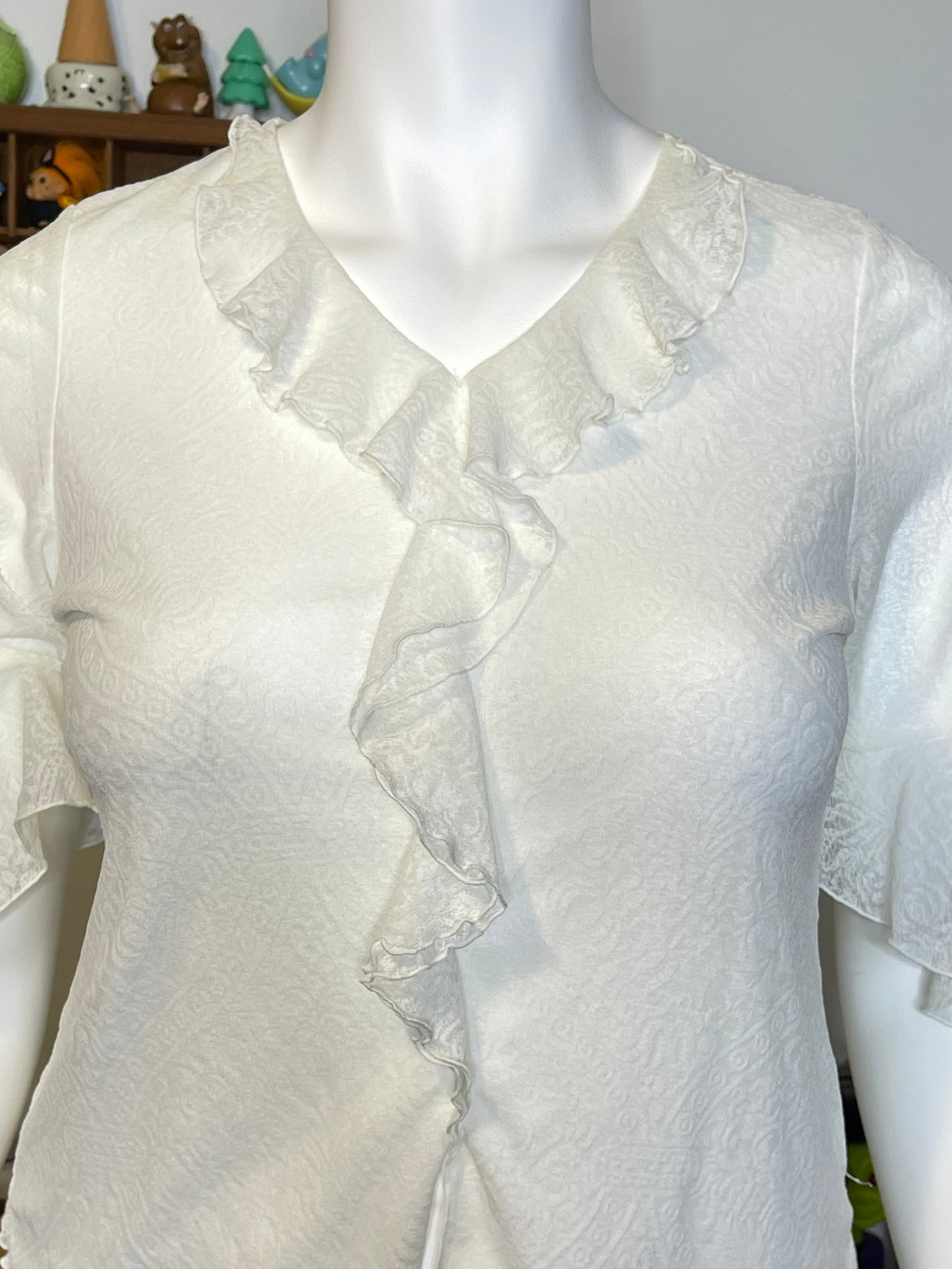 2000s Cream White Ruffle Mirco Mesh Top Sz 14/16W