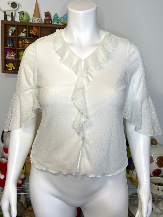 2000s Cream White Ruffle Mirco Mesh Top Sz 14/16W