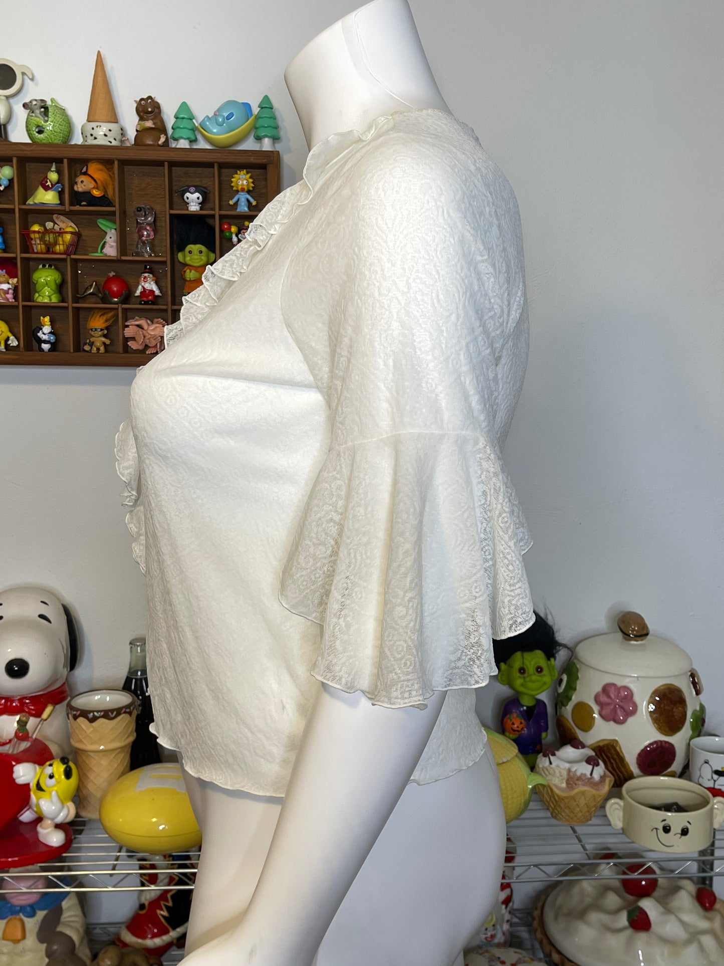 2000s Cream White Ruffle Mirco Mesh Top Sz 14/16W
