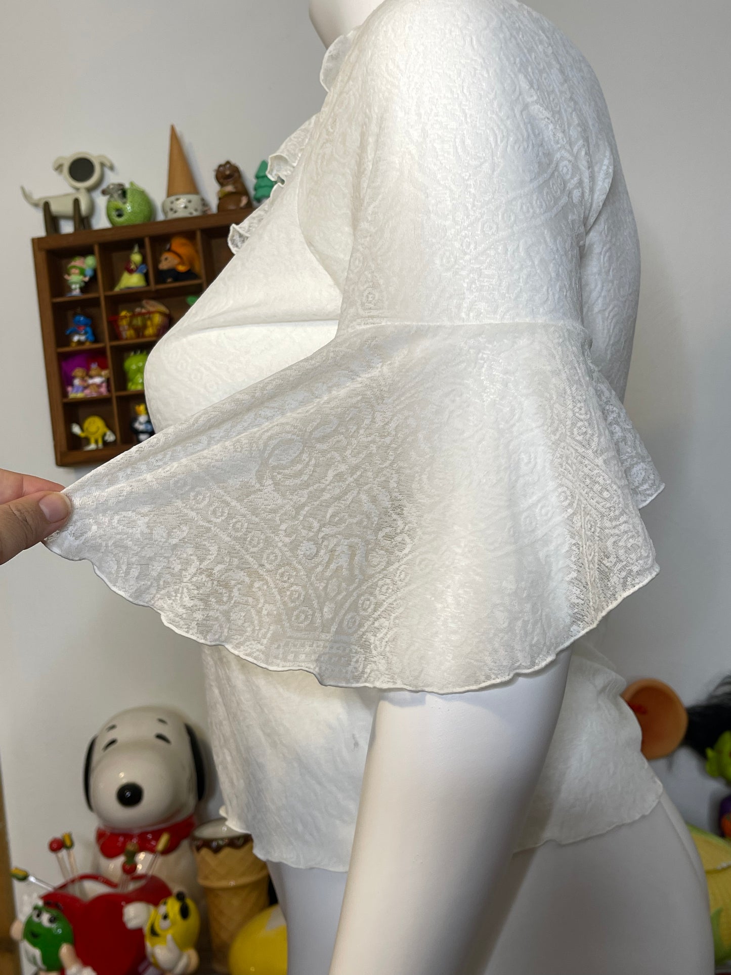 2000s Cream White Ruffle Mirco Mesh Top Sz 14/16W