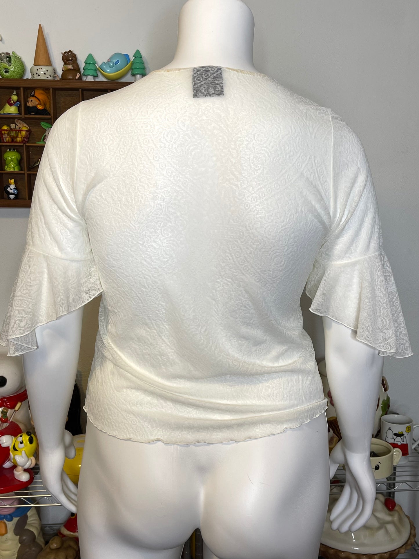 2000s Cream White Ruffle Mirco Mesh Top Sz 14/16W