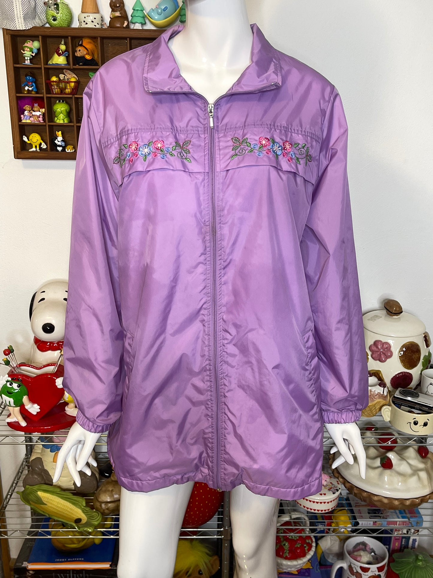 2000s Lilac Purple Flower Embroidered Oversized Windbreaker Jacket Sz L