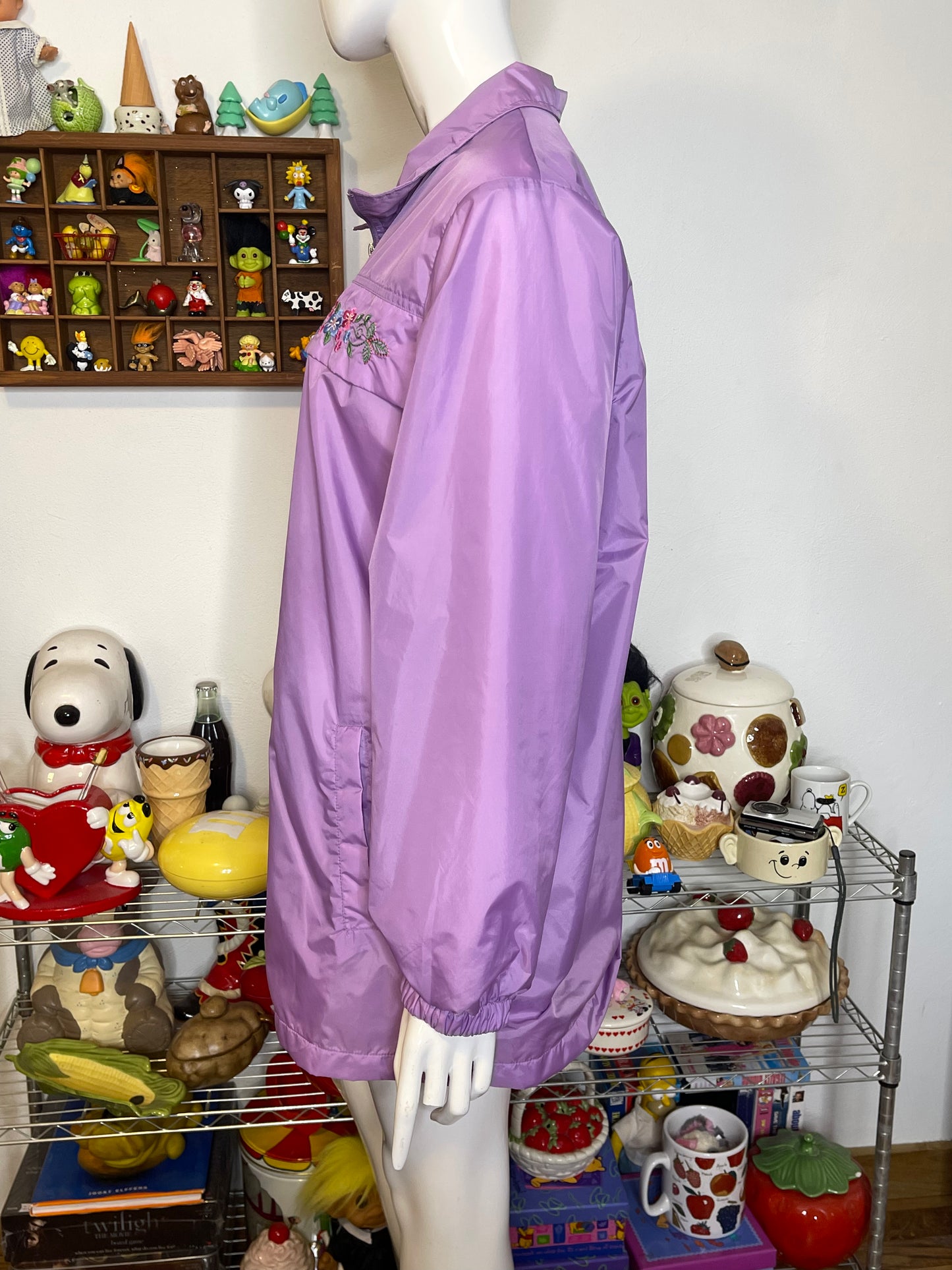2000s Lilac Purple Flower Embroidered Oversized Windbreaker Jacket Sz L