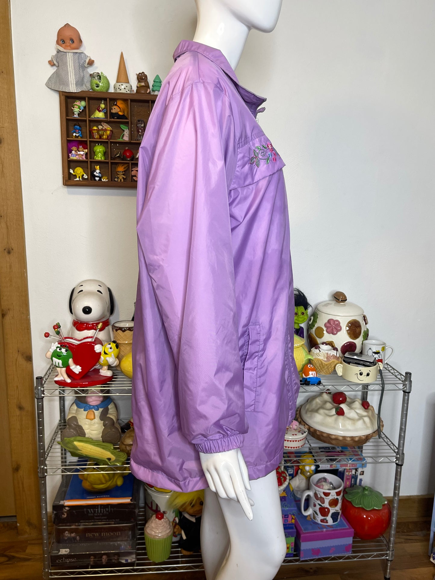 2000s Lilac Purple Flower Embroidered Oversized Windbreaker Jacket Sz L
