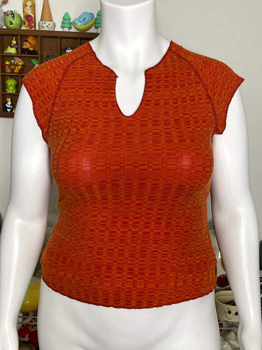 2000s Stretchy Orange Red Ribbed V-Neck Top Sz L/XL