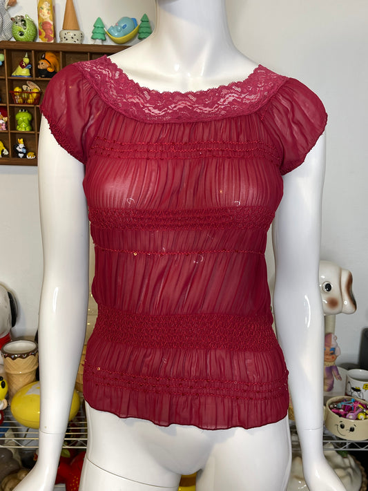 2000s Sheer Berry Red Sequin Scrunched Top Sz S