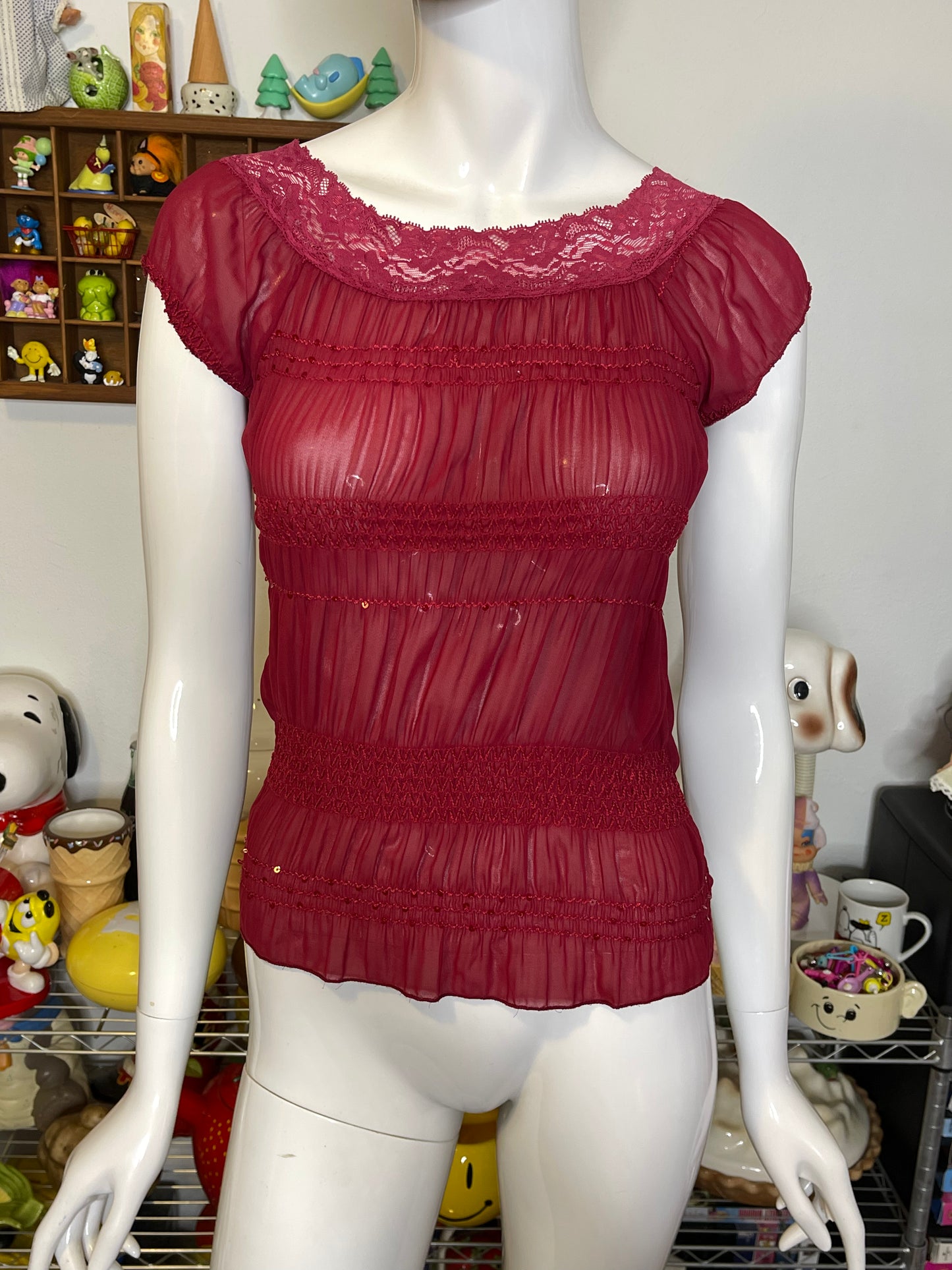 2000s Sheer Berry Red Sequin Scrunched Top Sz S