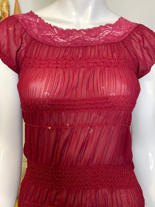 2000s Sheer Berry Red Sequin Scrunched Top Sz S