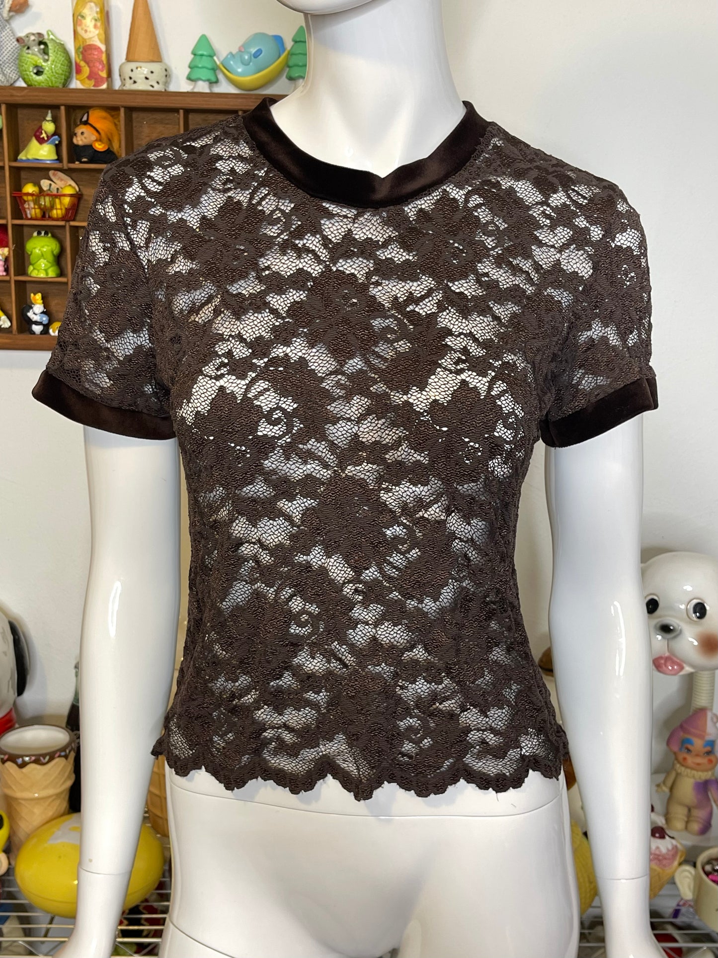 Vintage Brown Flower Lace & Velvet Trim Top Sz M