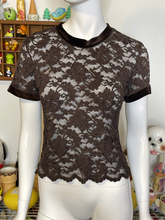 Vintage Brown Flower Lace & Velvet Trim Top Sz M