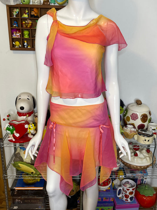 2000s Fairy Sheer Ombre Crop Top & Mini Layered Skirt Set Sz S