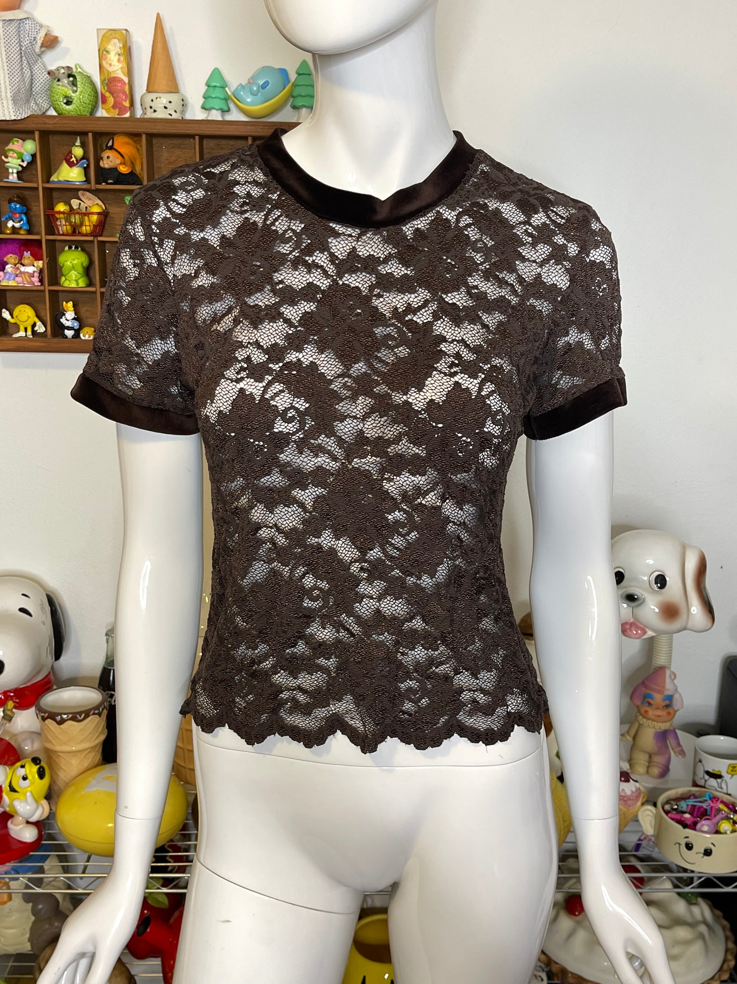 Vintage Brown Flower Lace & Velvet Trim Top Sz M