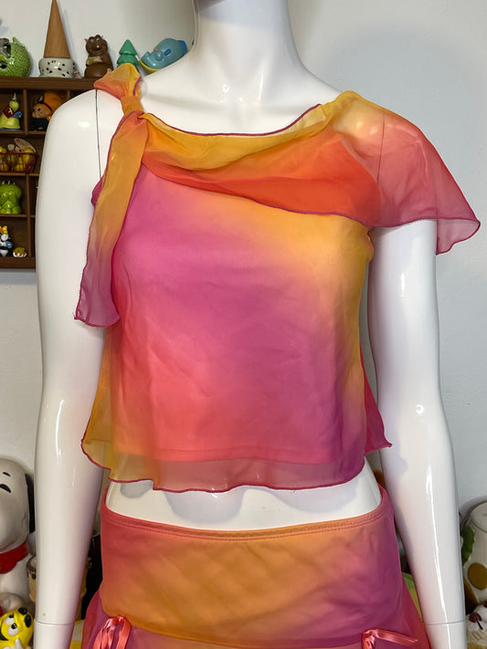 2000s Fairy Sheer Ombre Crop Top & Mini Layered Skirt Set Sz S