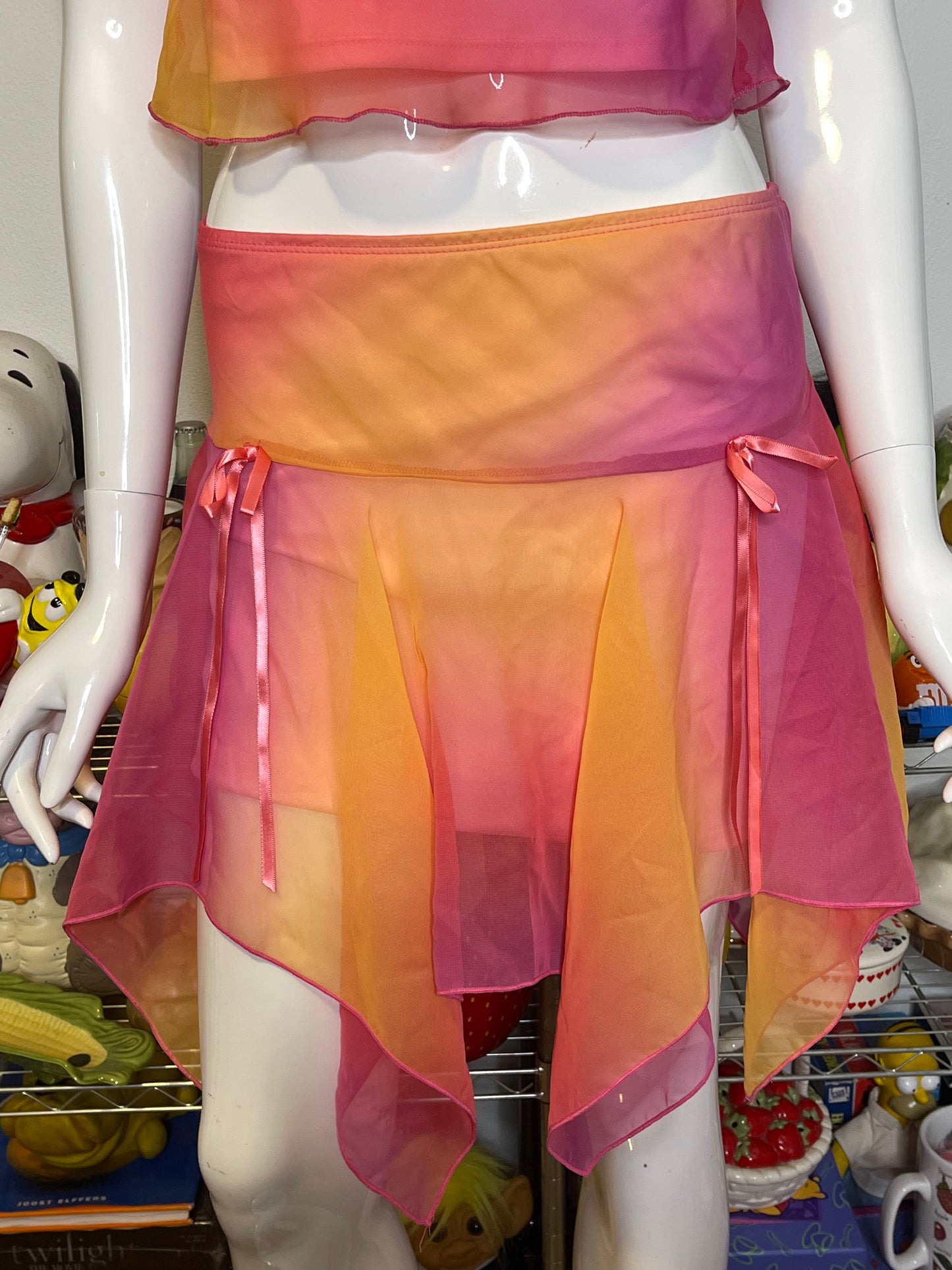 2000s Fairy Sheer Ombre Crop Top & Mini Layered Skirt Set Sz S
