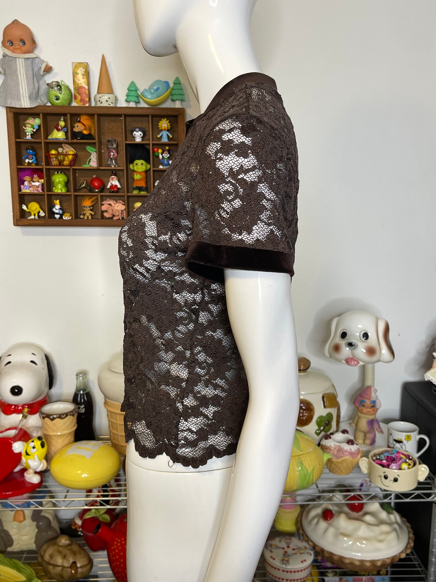 Vintage Brown Flower Lace & Velvet Trim Top Sz M
