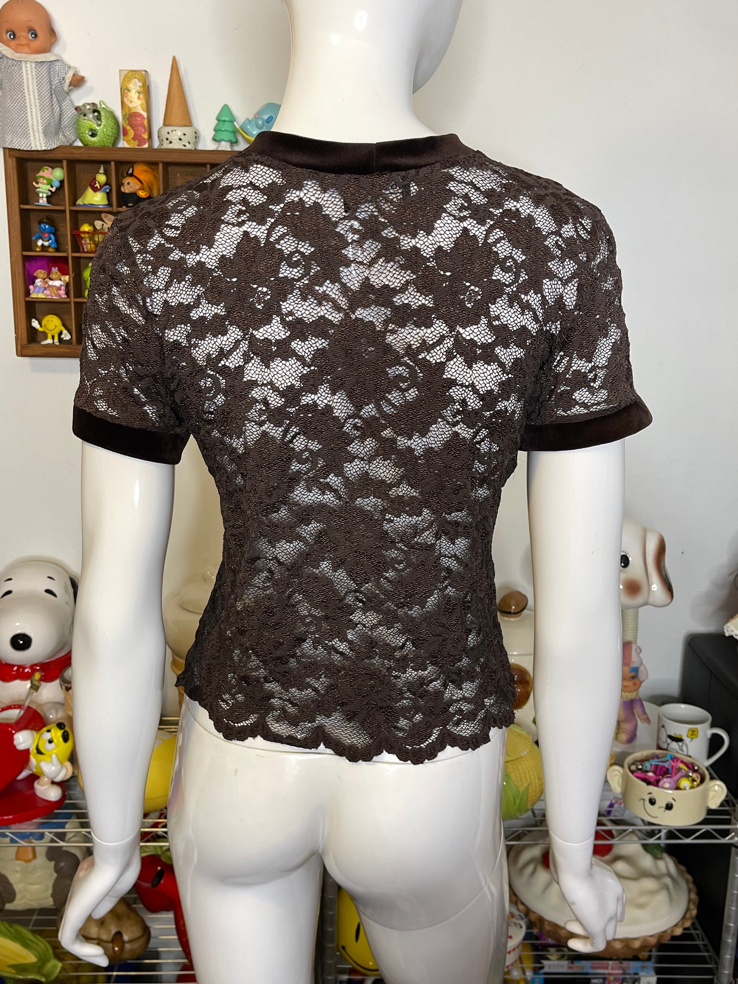 Vintage Brown Flower Lace & Velvet Trim Top Sz M