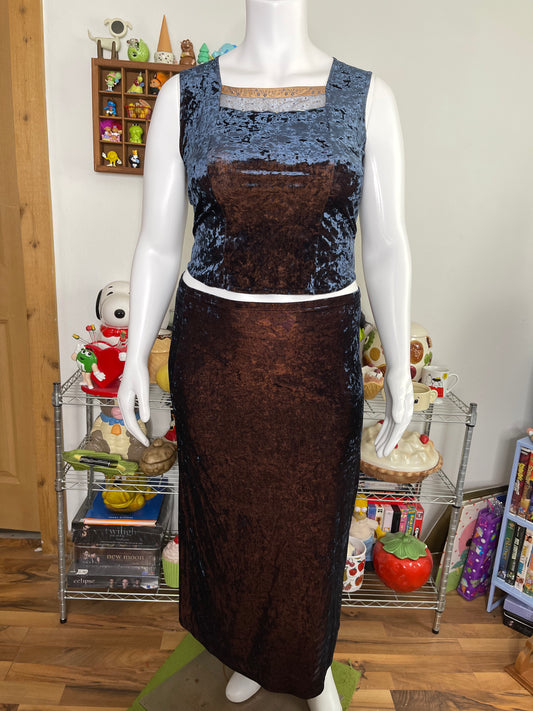 Vintage 90s Duo Chrome Crushed Velvet Top & Maxi Skirt Set Sz L