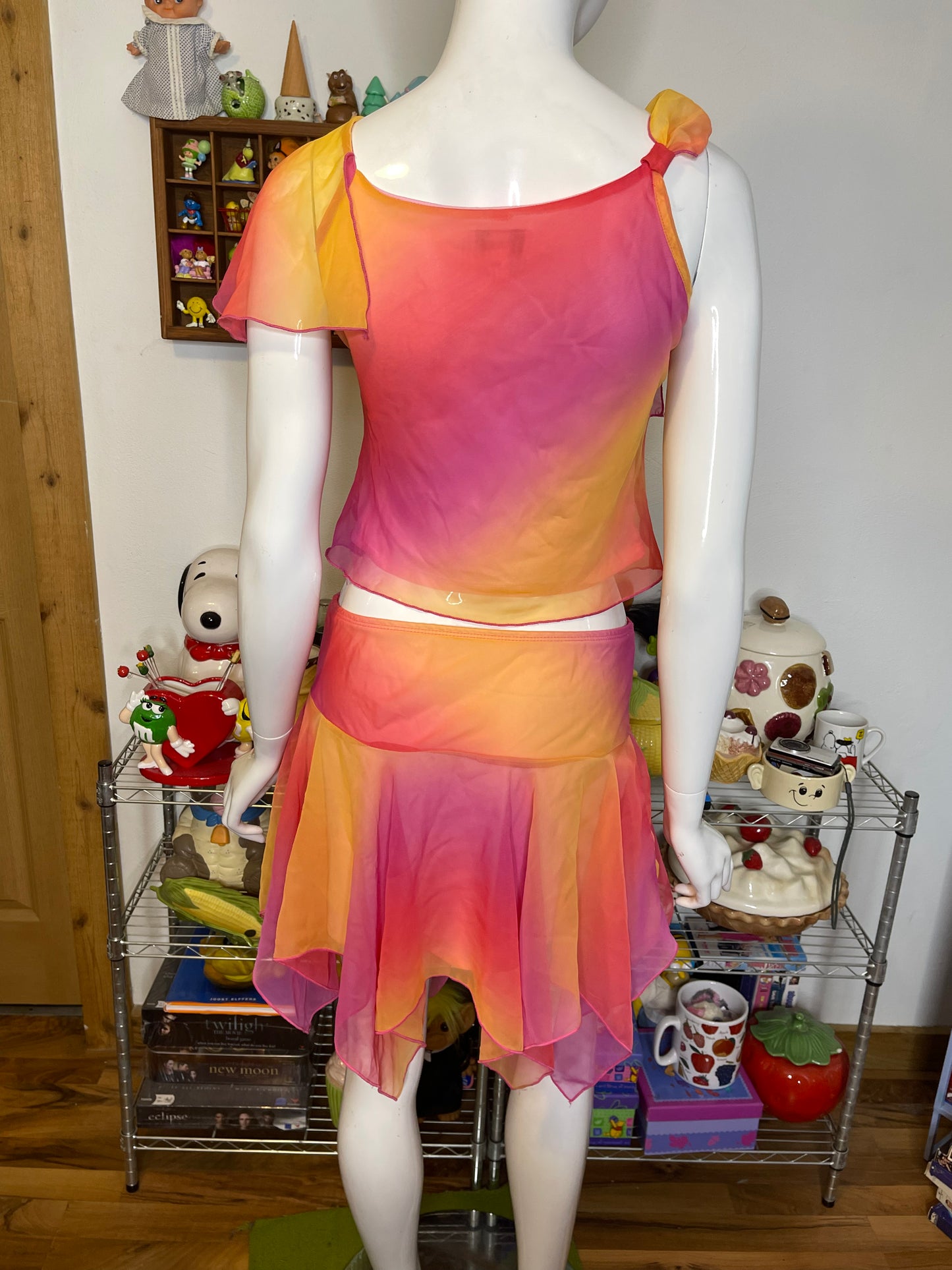 2000s Fairy Sheer Ombre Crop Top & Mini Layered Skirt Set Sz S